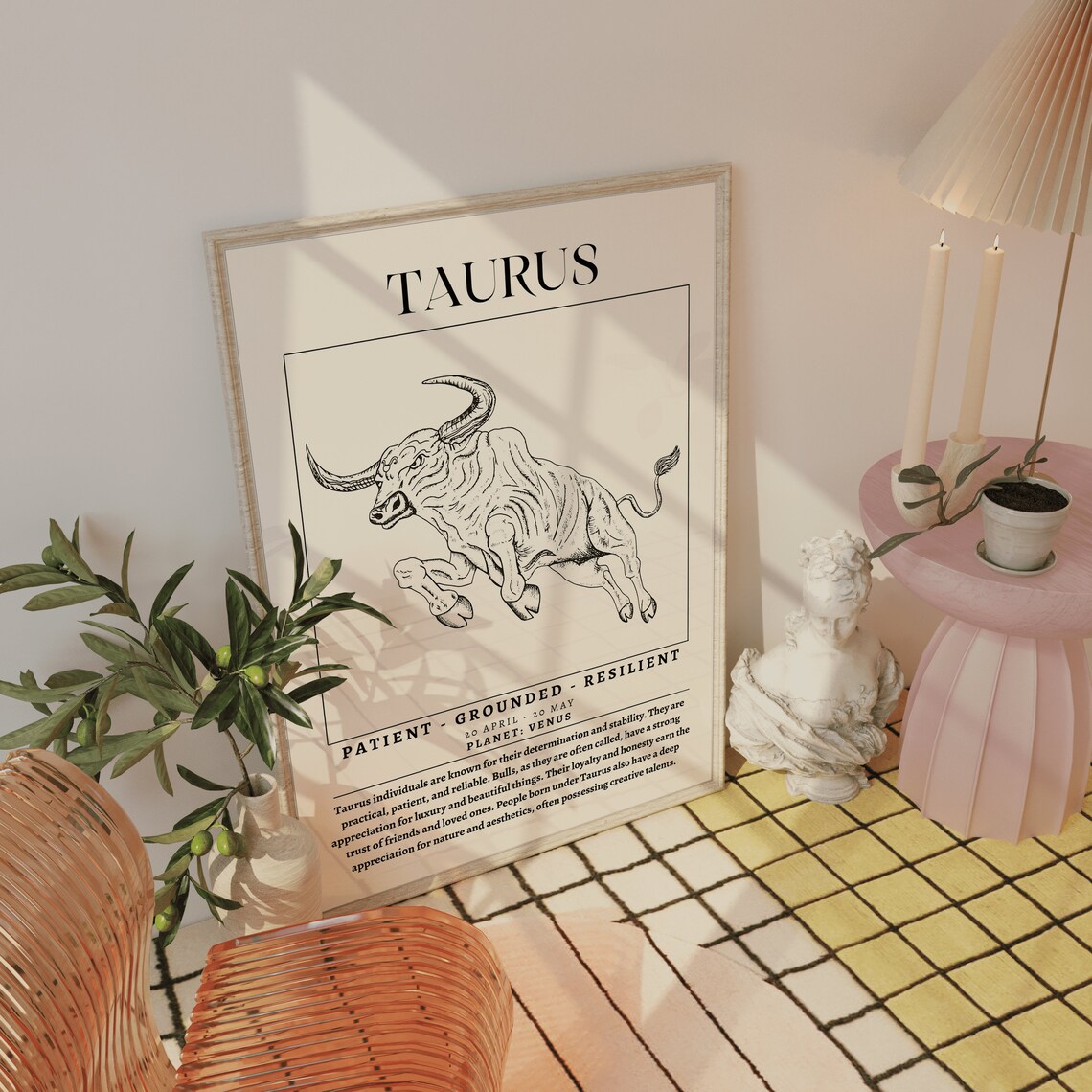 Taurus Zodiac Bull Sketch Poster with Sign Traits for Astrology Wall Decor - Image 2