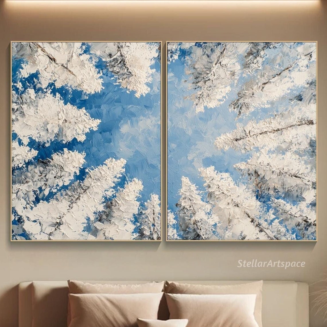 Snowy White Pine Branches Blue Sky Diptych Textured Winter Poster