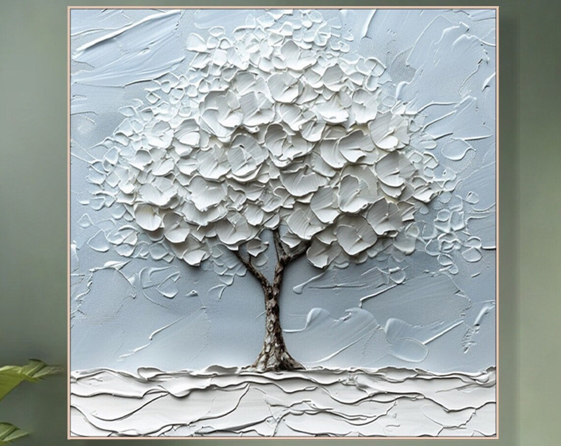 White Tower Tree Oil Painting On Elegant Abstract Tree Texture Wall Art Unique Tree Living Room Decor Custom Over Sofa Decor