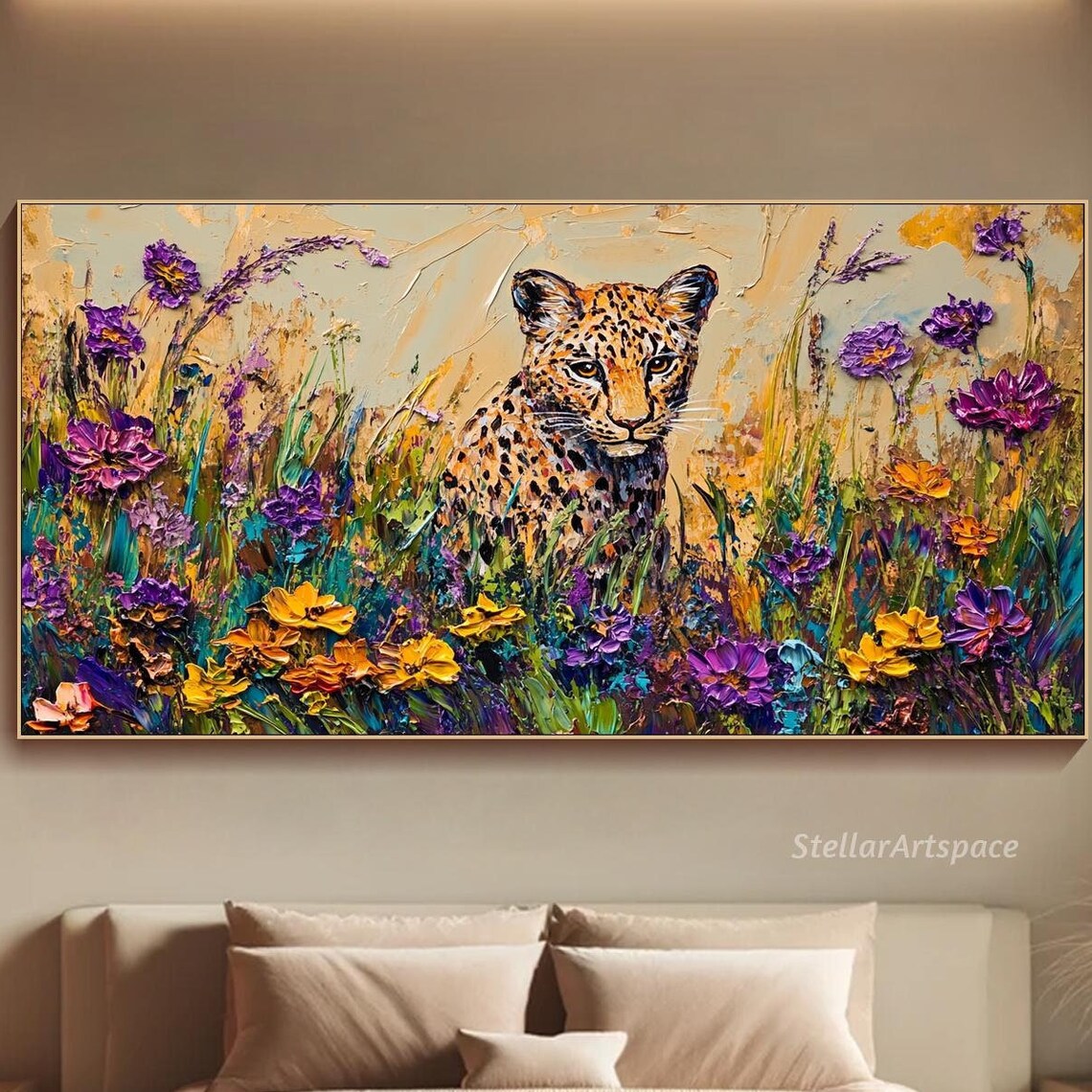 Leopard In Wildflower Meadow Colorful Wildlife Big Cat Painting Art Poster