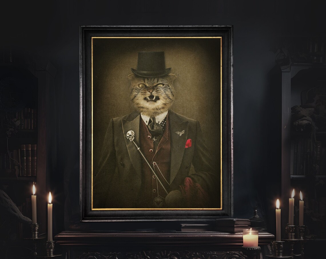 Victorian Gentleman Cat Top Hat Halloween Gothic Portrait Art Poster