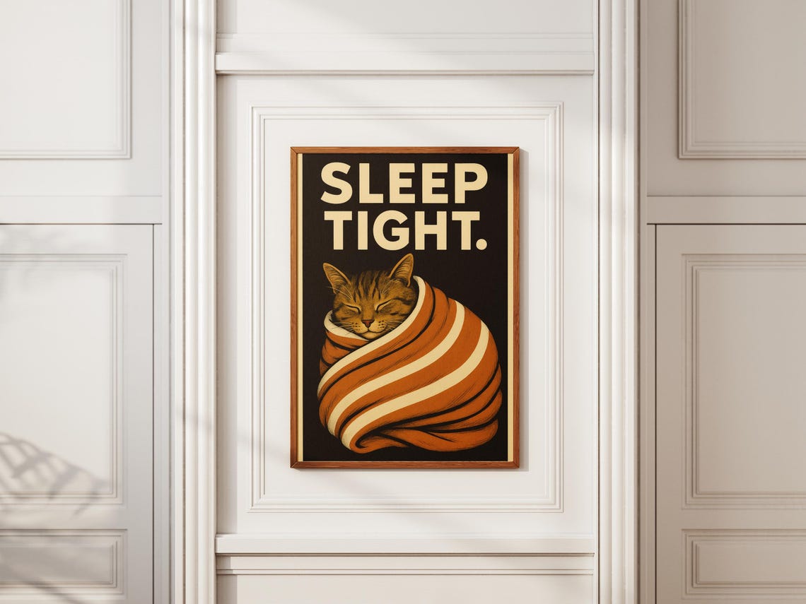 Sleep Tight Cat Art Print Retro Funny In Blanket
