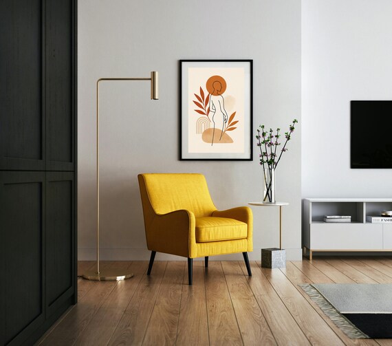 Boho Line Art Woman Silhouette with Sun and Terracotta Leaves Poster