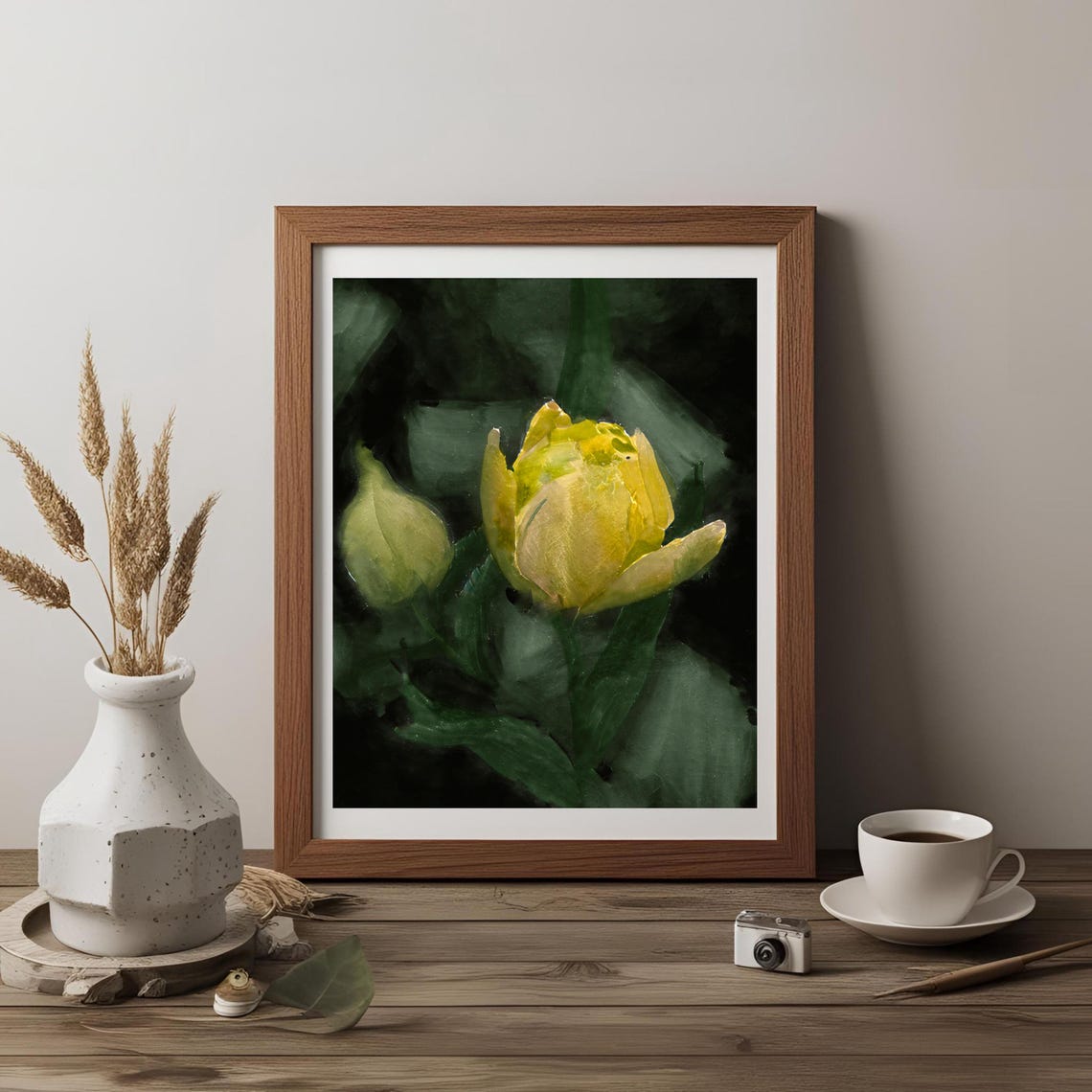 Yellow Tulip Bloom Watercolor Dark Moody Botanical Floral Poster