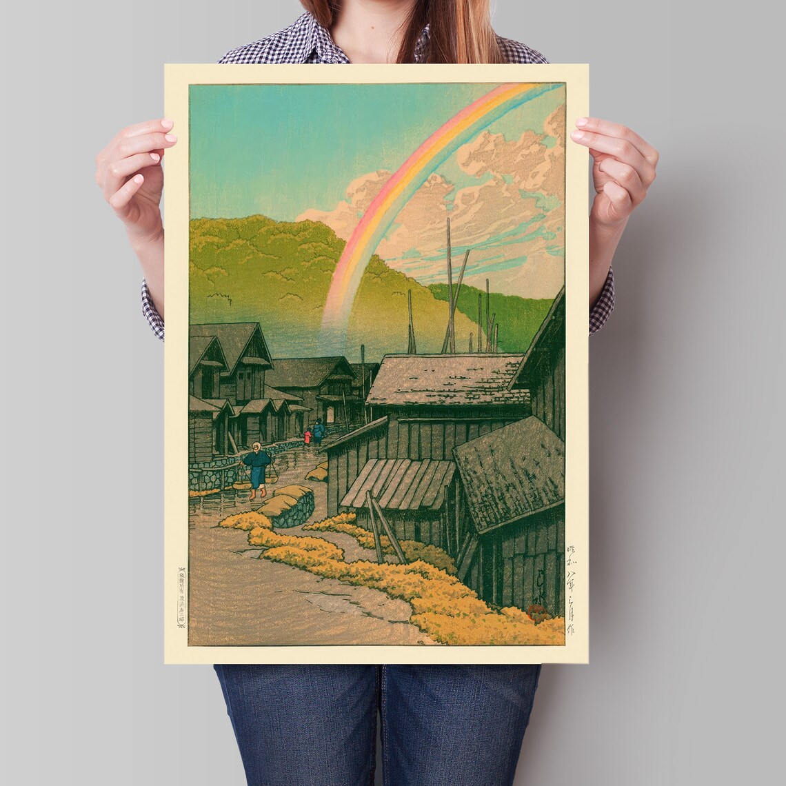 Kawase Hasui Rainbow Over Village Wooden Houses Hills Vintage Woodblock Poster - Image 4