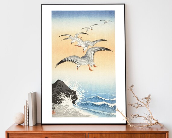 Ohara Koson Seagulls Flying Over Ocean Waves Vintage Bird Woodblock Poster