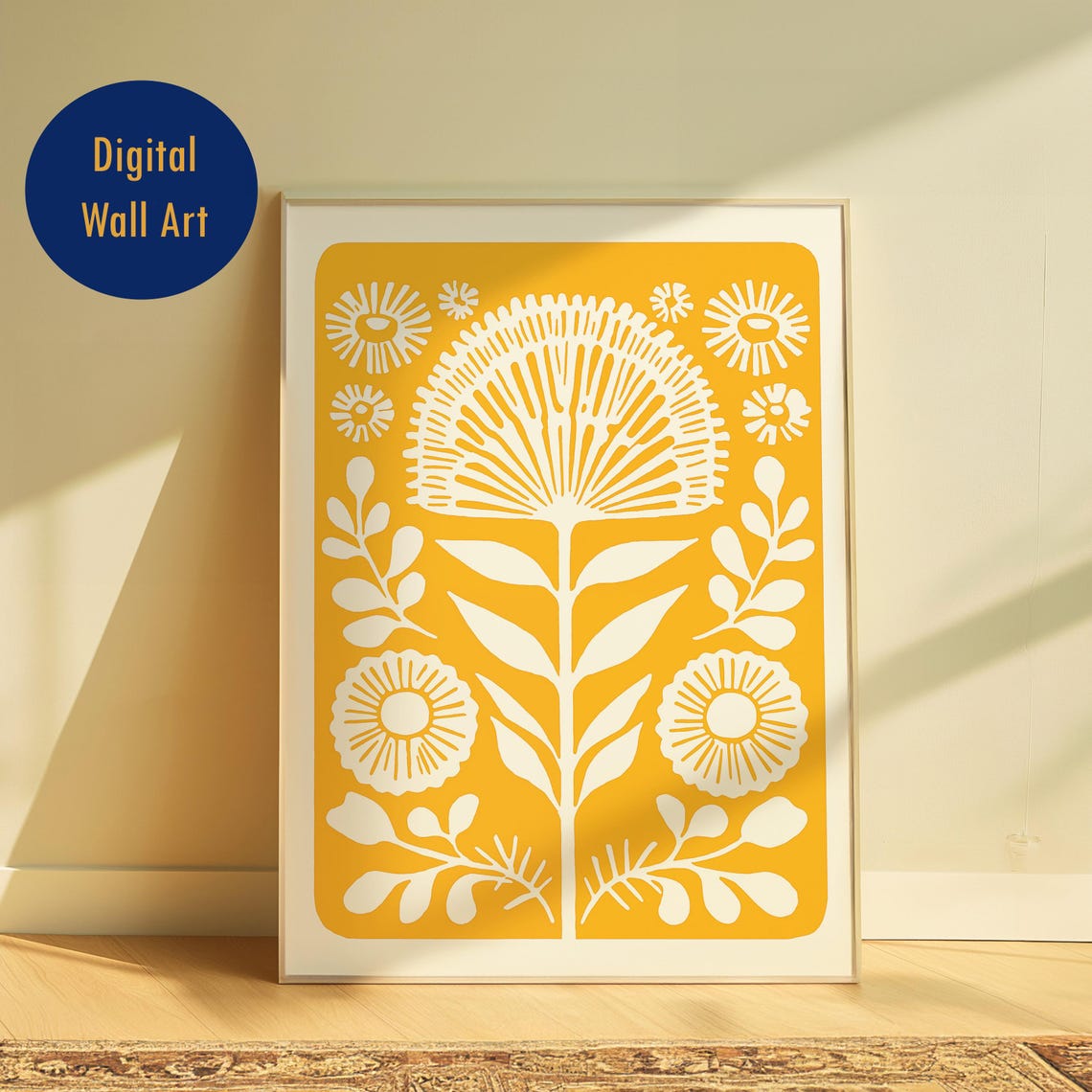 Yellow Retro Floral Boho Folk Botanical White On Mustard Poster