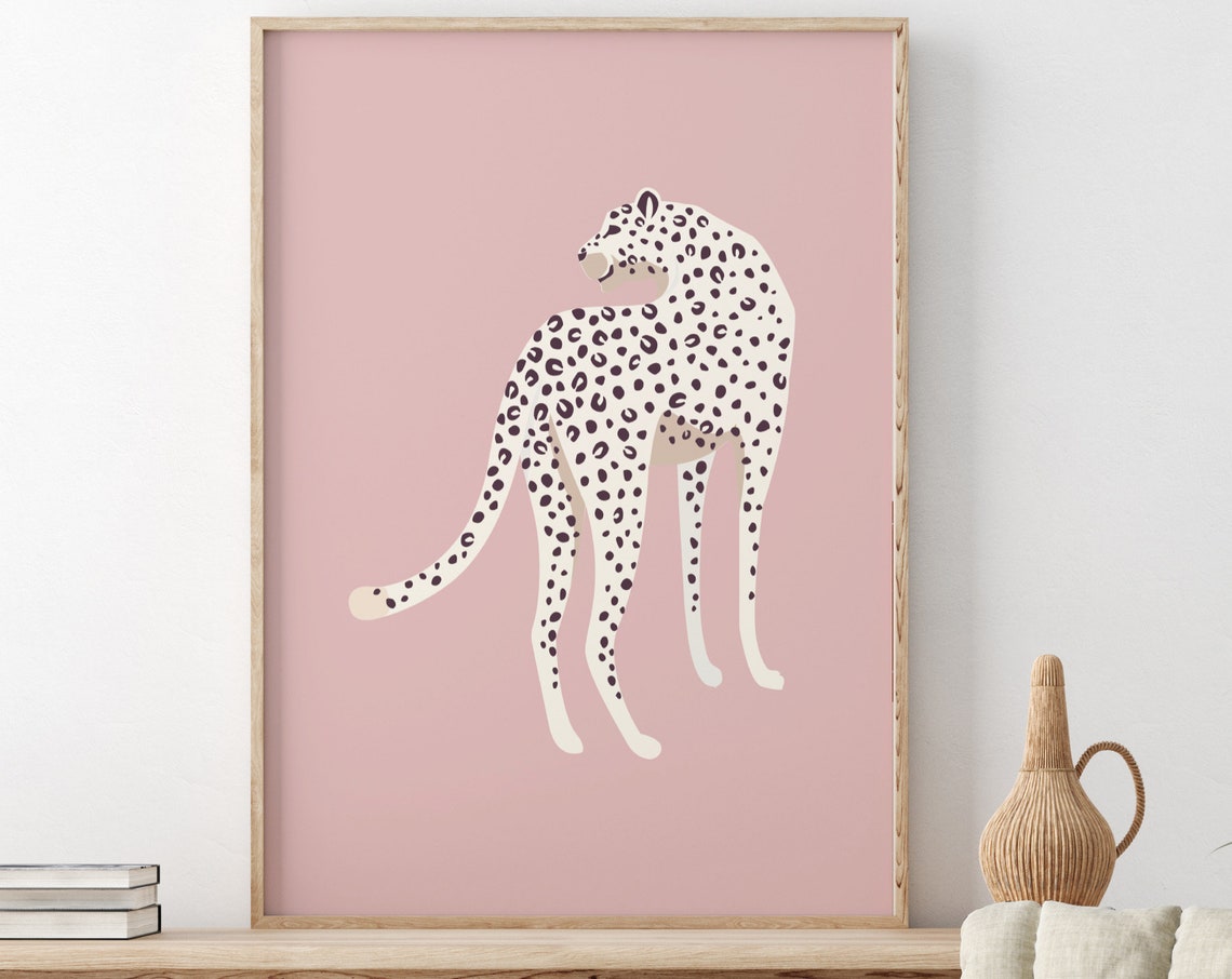 White Spotted Leopard Pink Background Minimalist Animal Poster