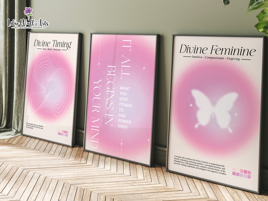 Divine Timing Pink Aura Triptych Set Feminine Energy Wall Poster - Image 4