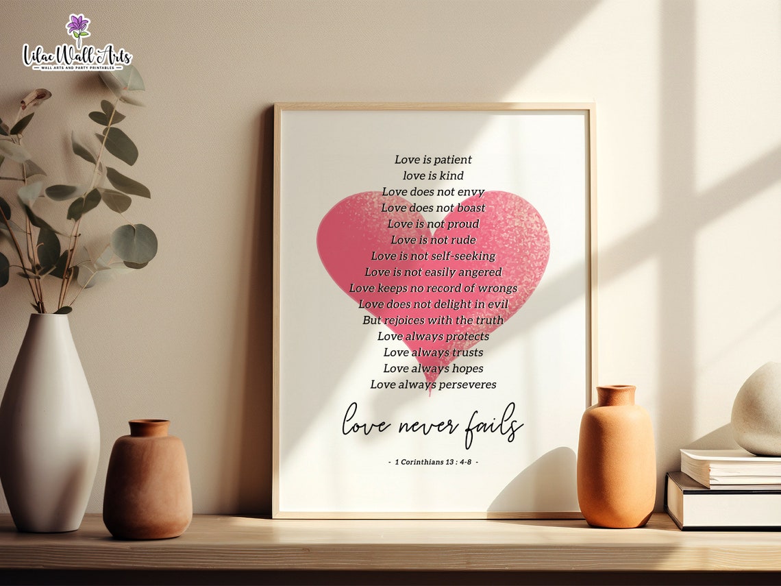 1 Corinthians 1348 Love Never Fails Pink Heart Verse Art Poster