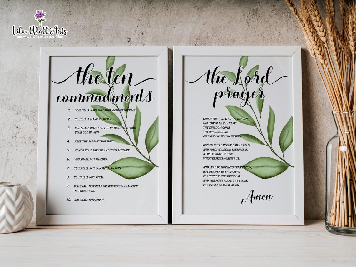 Ten Commandments And Lords Prayer Botanical Set Of 2 Scripture Poster