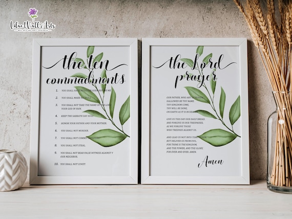 Ten Commandments And Lords Prayer Botanical Set Of 2 Scripture Poster