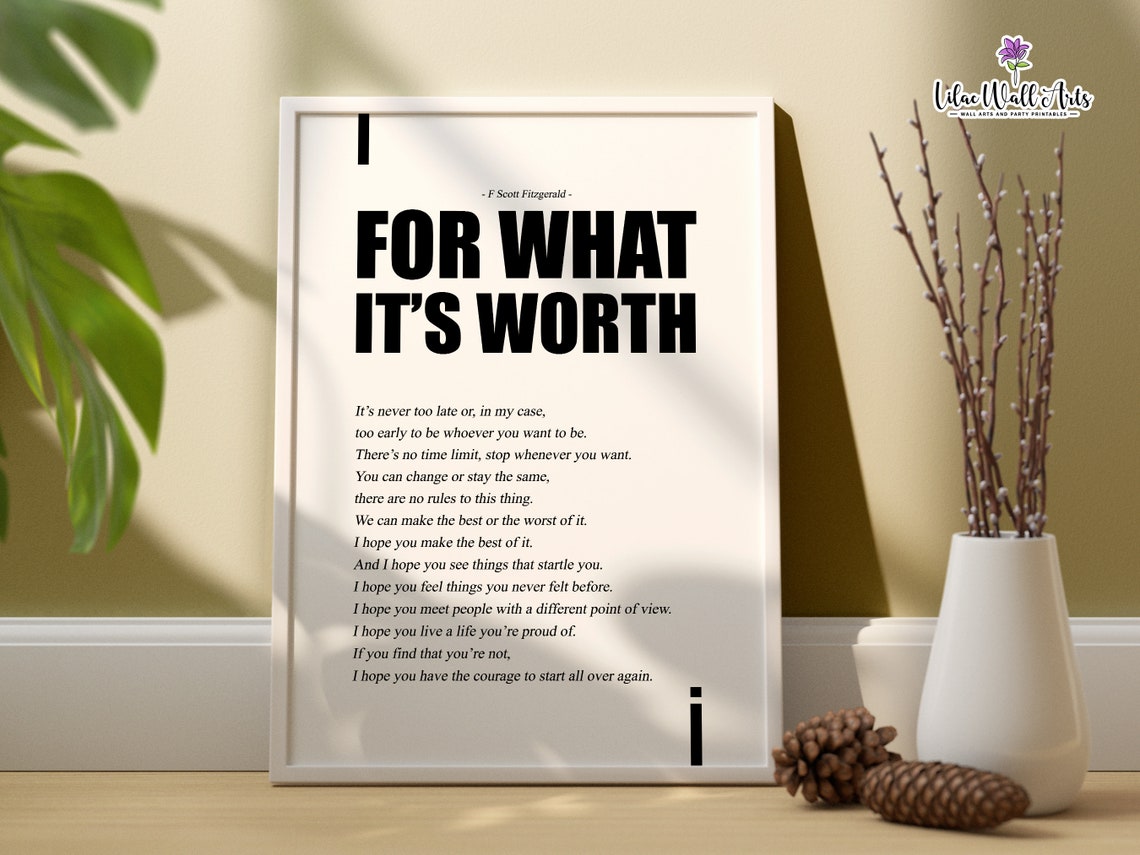 For What Its Worth F Scott Fitzgerald Typography Quote Poster Minimal - Image 5