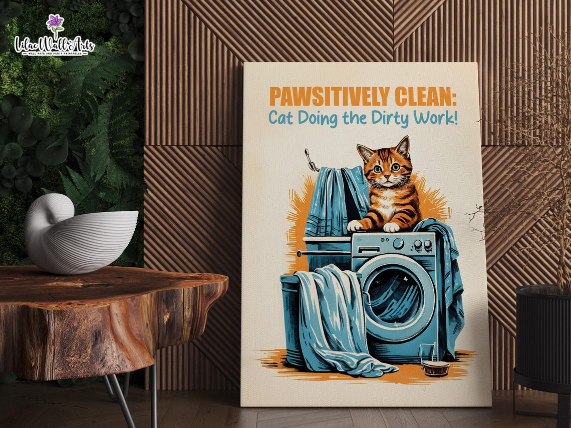 Pawsitively Clean Tabby Cat Laundry Pun Washing Machine Poster - Image 2