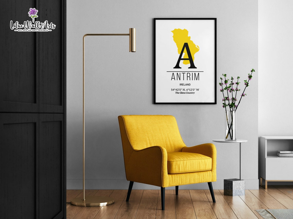 Antrim Ireland County Map Initial A Yellow Coordinate Art Print - Image 3