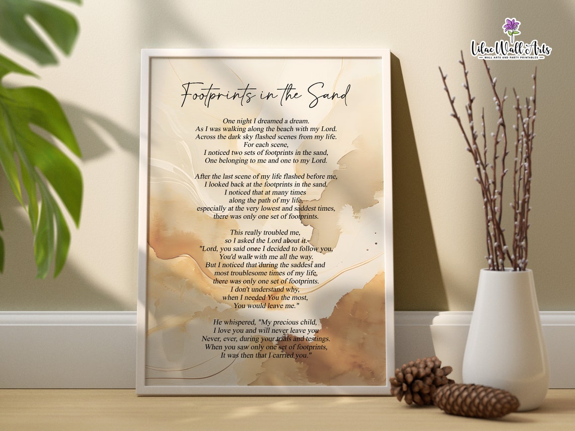 Footprints In The Sand Watercolor Beige Christian Poem Poster