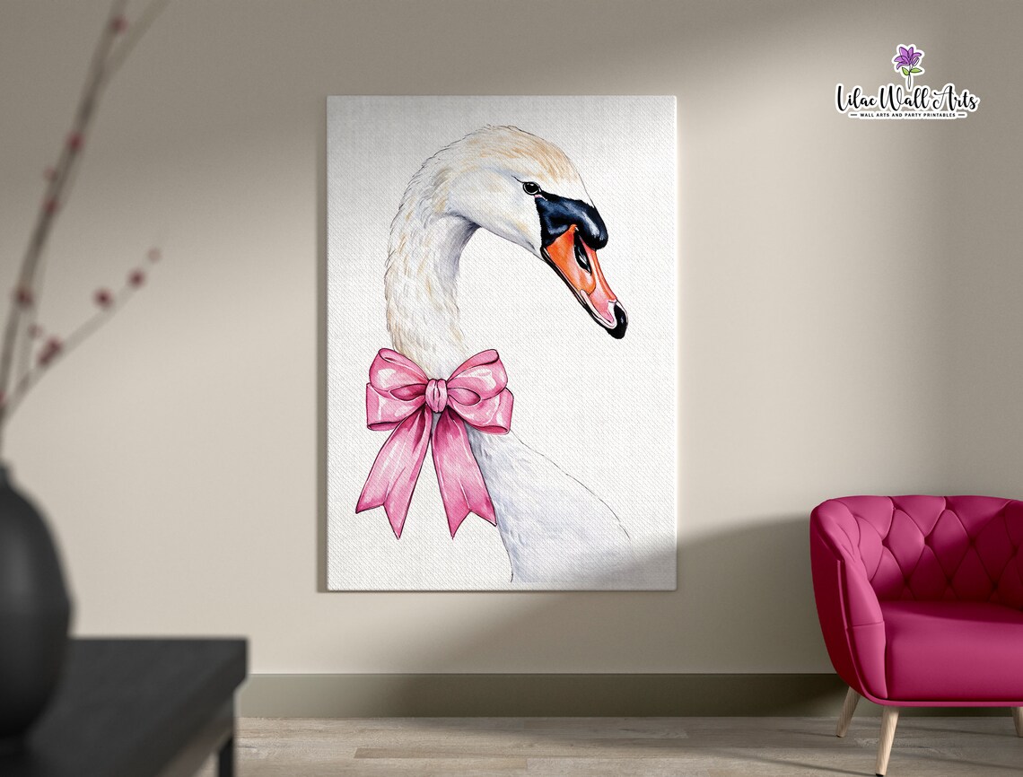 Swan Head Pink Bow Watercolor Poster Coquette Swan Art Girl Decor - Image 2