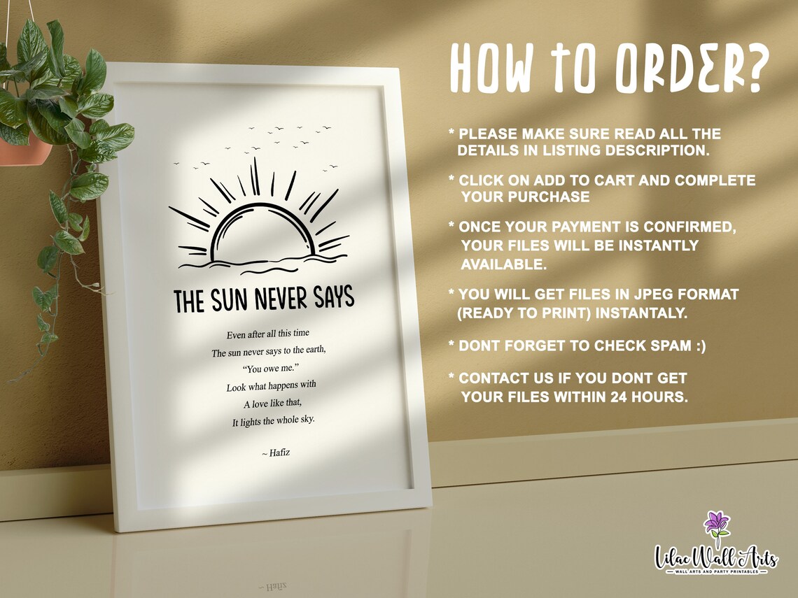 The Sun Never Says Hafiz Poem Rising Sun Line Art Spiritual Quote Poster - Image 3