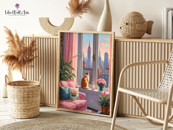 Orange Cat Window City Skyline Sunset Cozy Apartment Art Poster