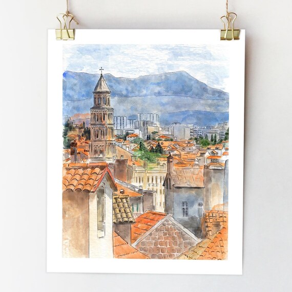 Split Croatia Watercolor City Sketch Travel Poster