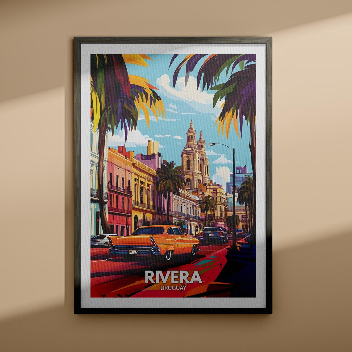 Rivera Uruguay Colorful Colonial Street Classic Car Travel Poster