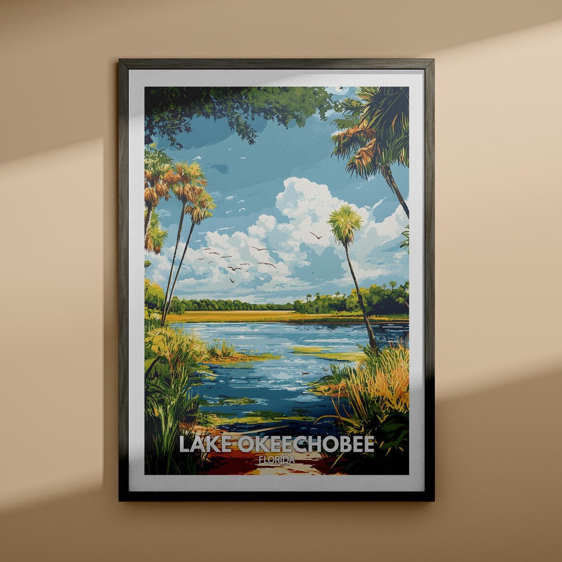 Lake Okeechobee Florida Palm Trees Wetland Retro Travel Poster