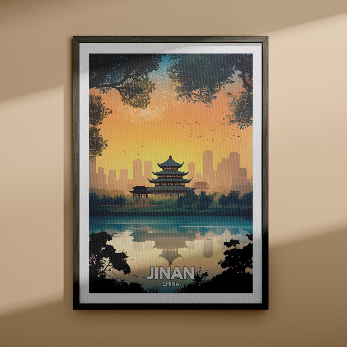 Jinan China Pagoda Lake Reflection Sunset Retro Travel Poster