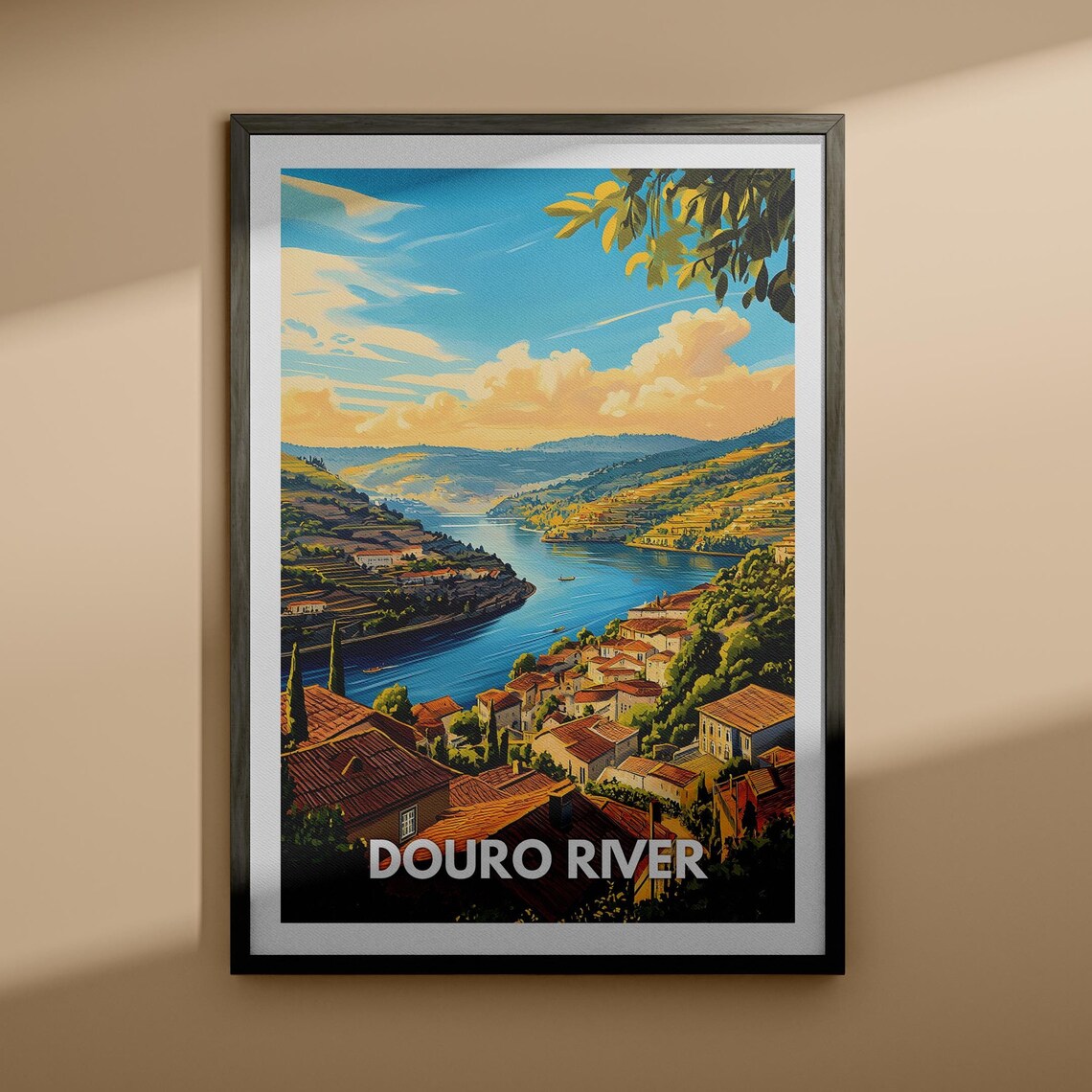 Douro River Terraced Vineyard Hillside Village Retro Travel Poster