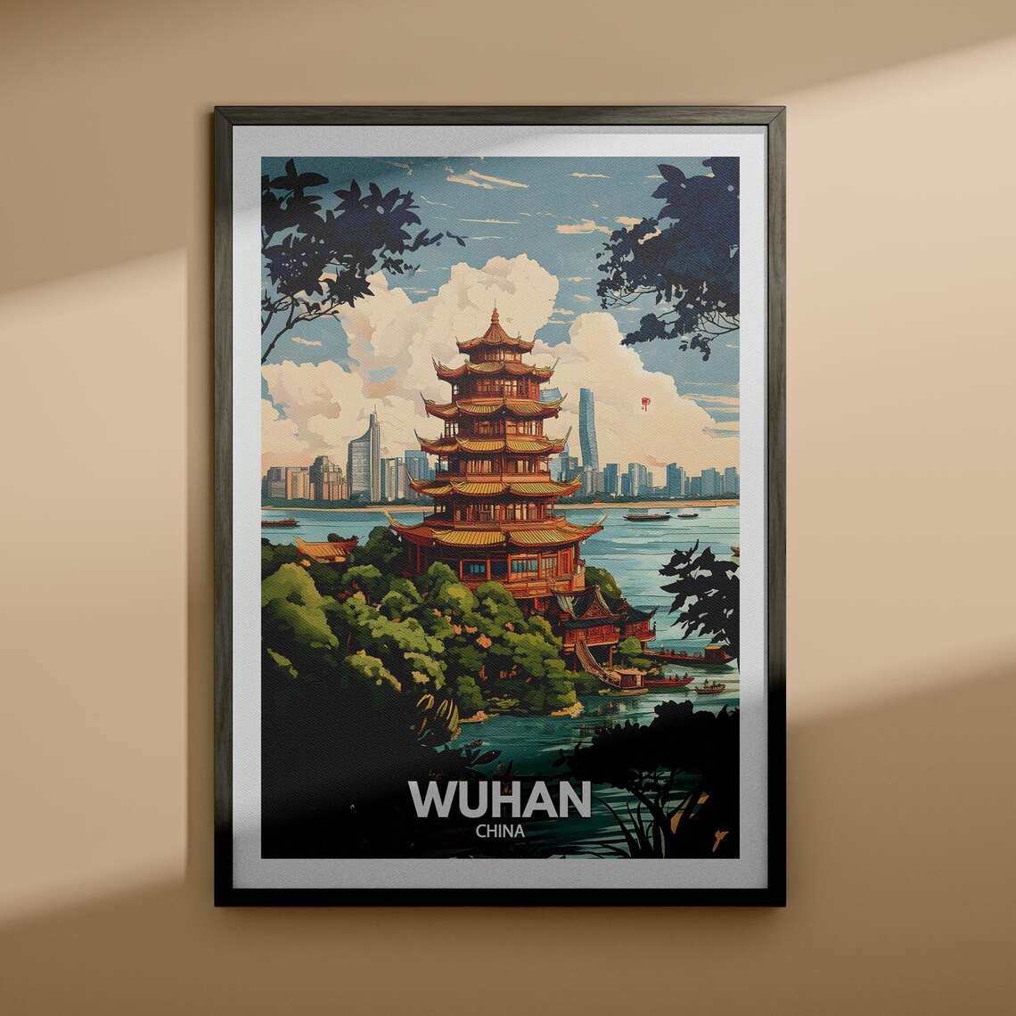 Wuhan China Pagoda Riverside Skyline Bold Illustration Travel Poster