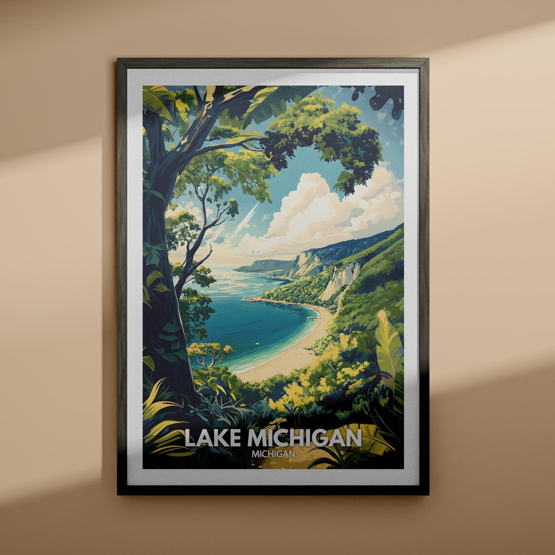 Lake Michigan Michigan Lush Green Coastal Cliffs Retro Travel Poster
