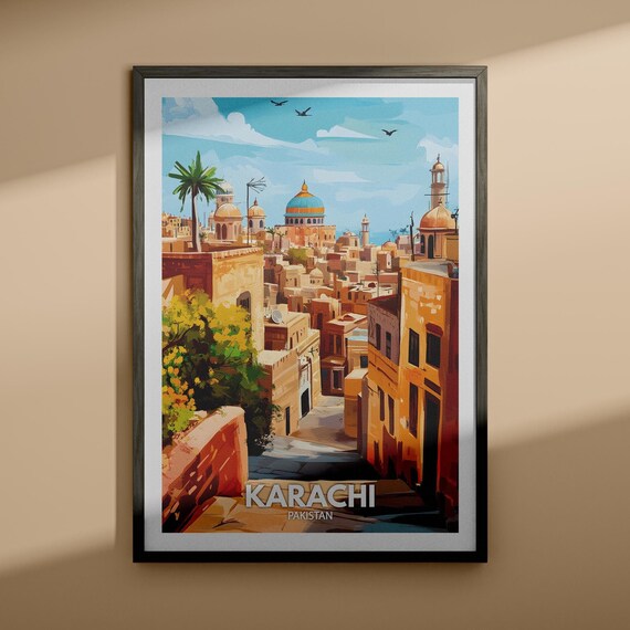 Karachi Pakistan Historic Rooftops Domes Vintage Travel Poster