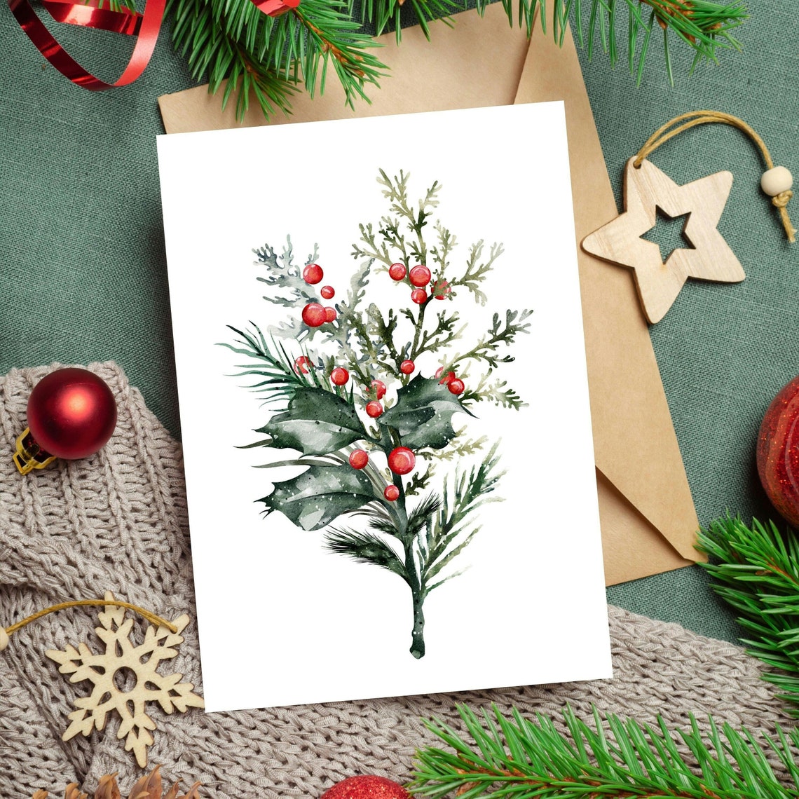 Watercolor Holly Cedar Sprig Red Berries Botanical Christmas Wall Art
