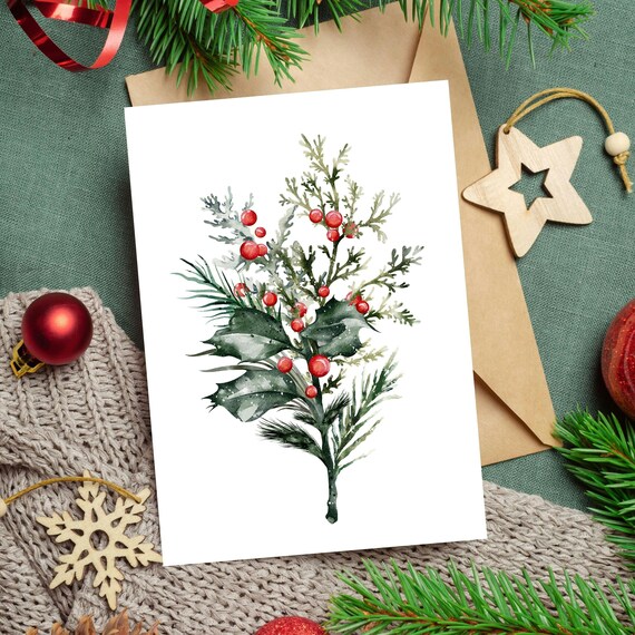 Watercolor Holly Cedar Sprig Red Berries Botanical Christmas Wall Art