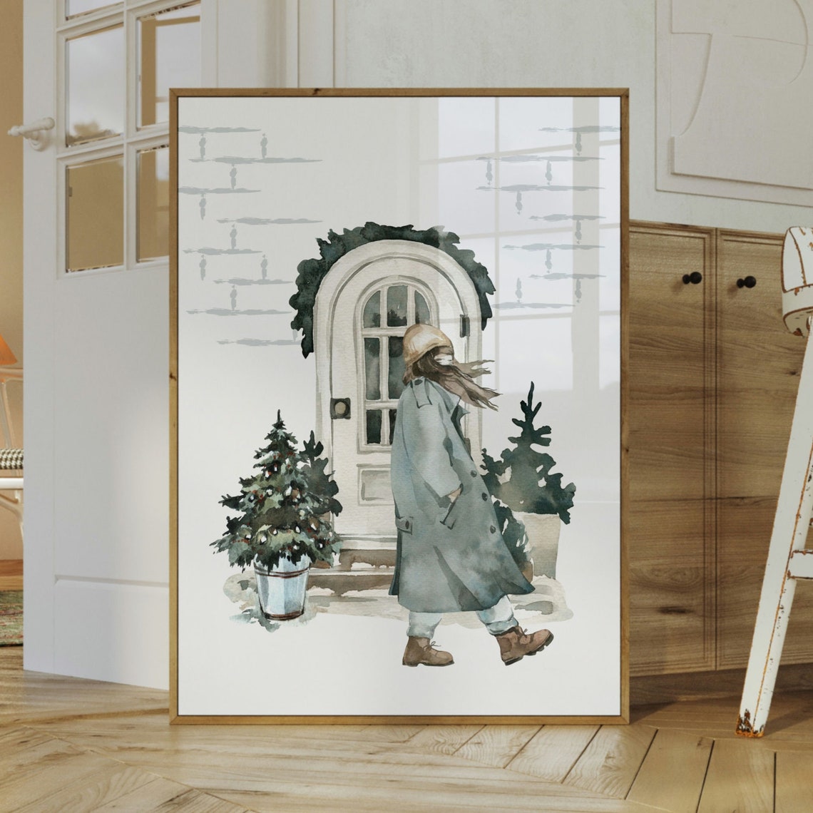 Watercolor Winter Christmas Print Watercolor Winter Landscape Walking Girl In Green Coat Winter Season Print Holiday Art Print - Image 2