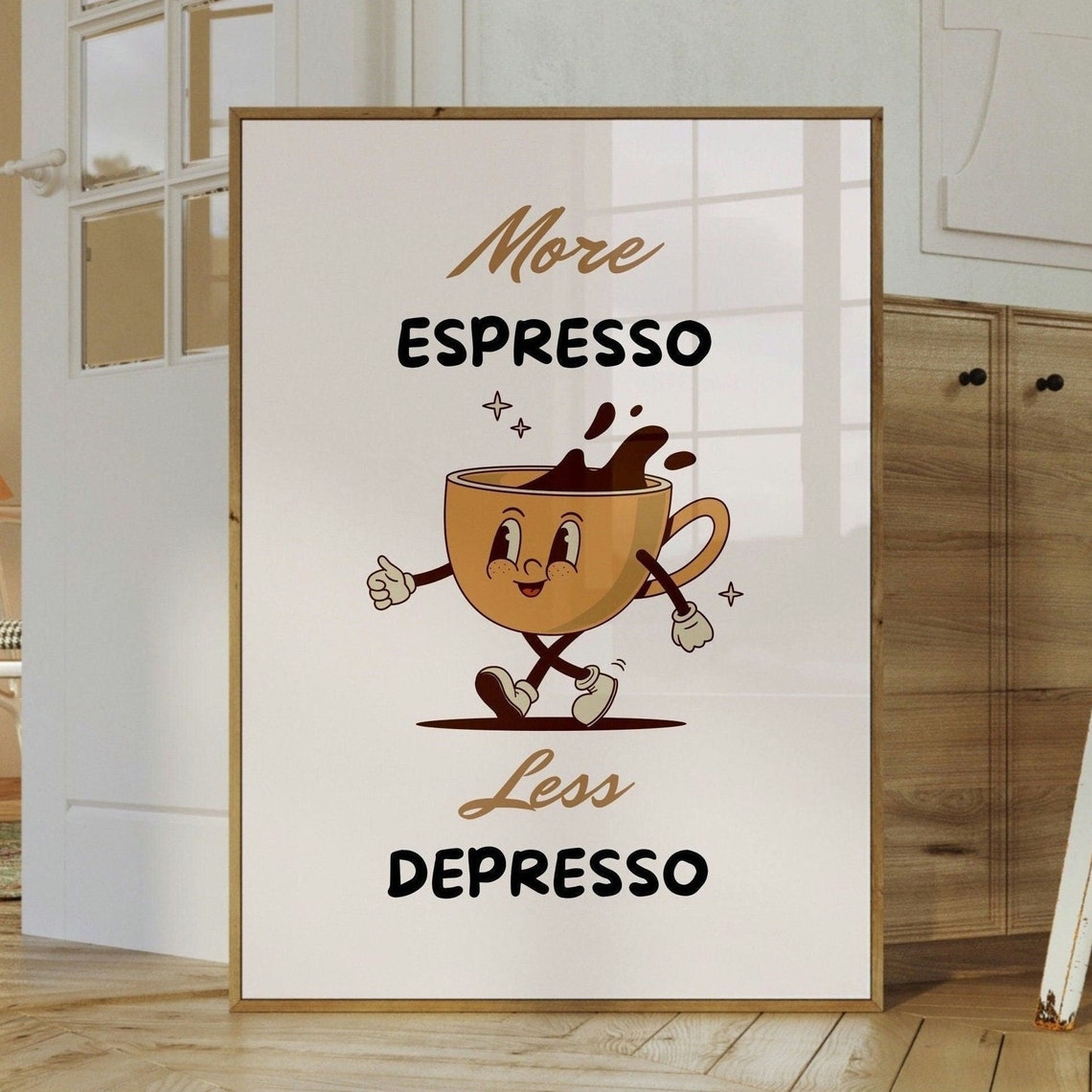 More Espresso Less Depresso Cute Vintage Coffee Mascot Print