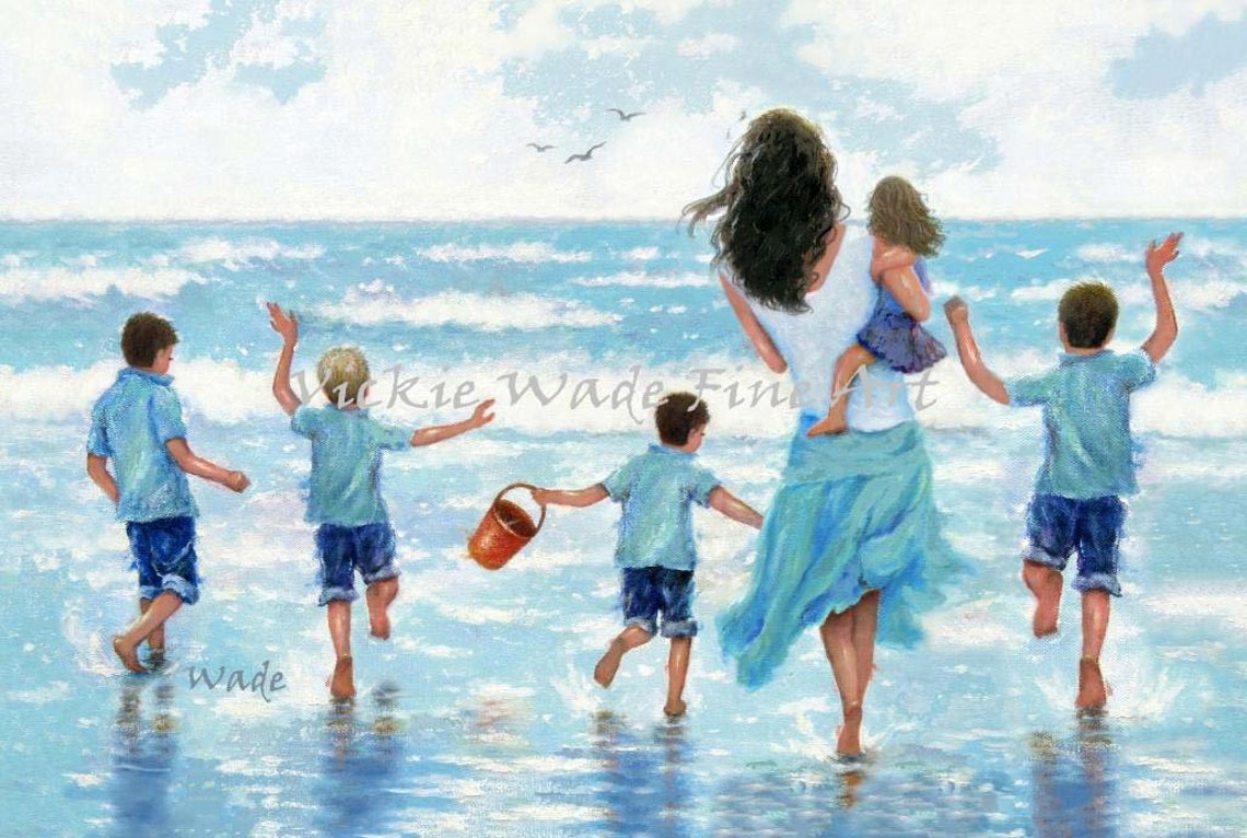 Joyful Beach Mother Running into Ocean Waves with Five Children Poster