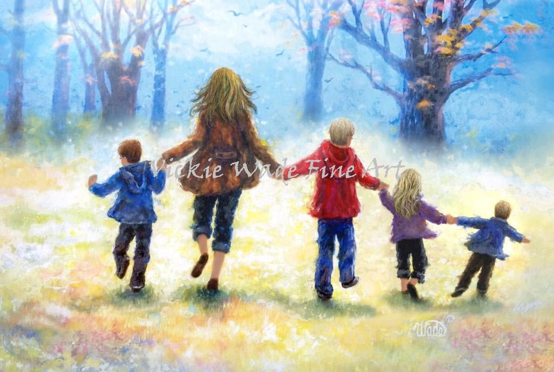 Mother Walking Hand in Hand with Four Kids in a Meadow Poster