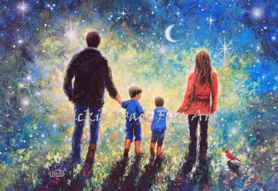 Family Two Boys Art Print Evening Walk Father Mother Two Sons Starry Night Twilight Walk Wall Art Vickie Wade