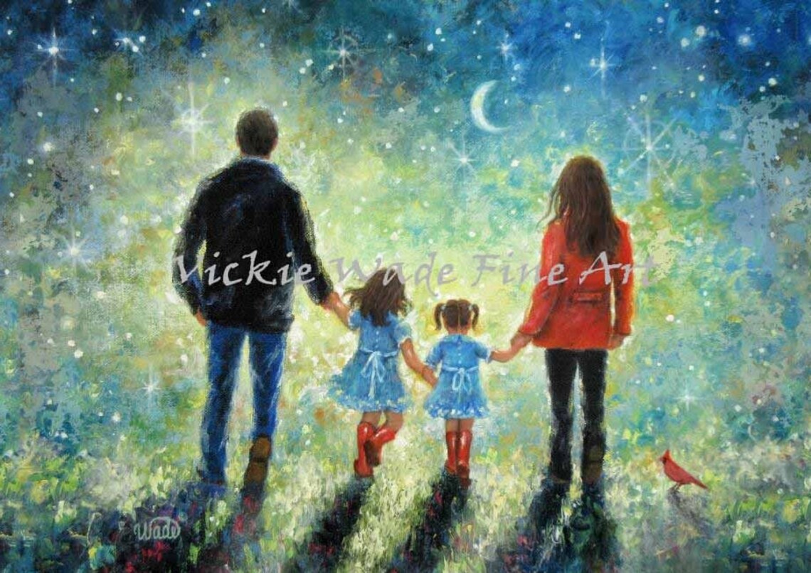 Family Walking Together Toward the Stars in the Night Sky Poster