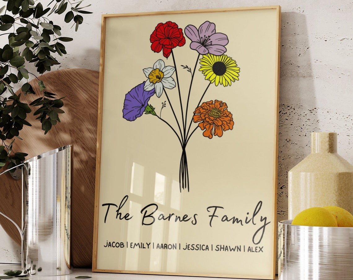Personalized Family Birth Flower Bouquet Custom Name Art Print - Image 3