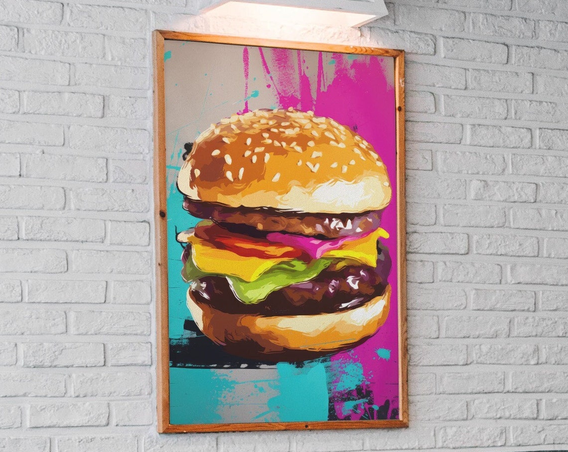 Cheeseburger Pop Art Teal Magenta Neon Style Kitchen Wall Art - Image 4