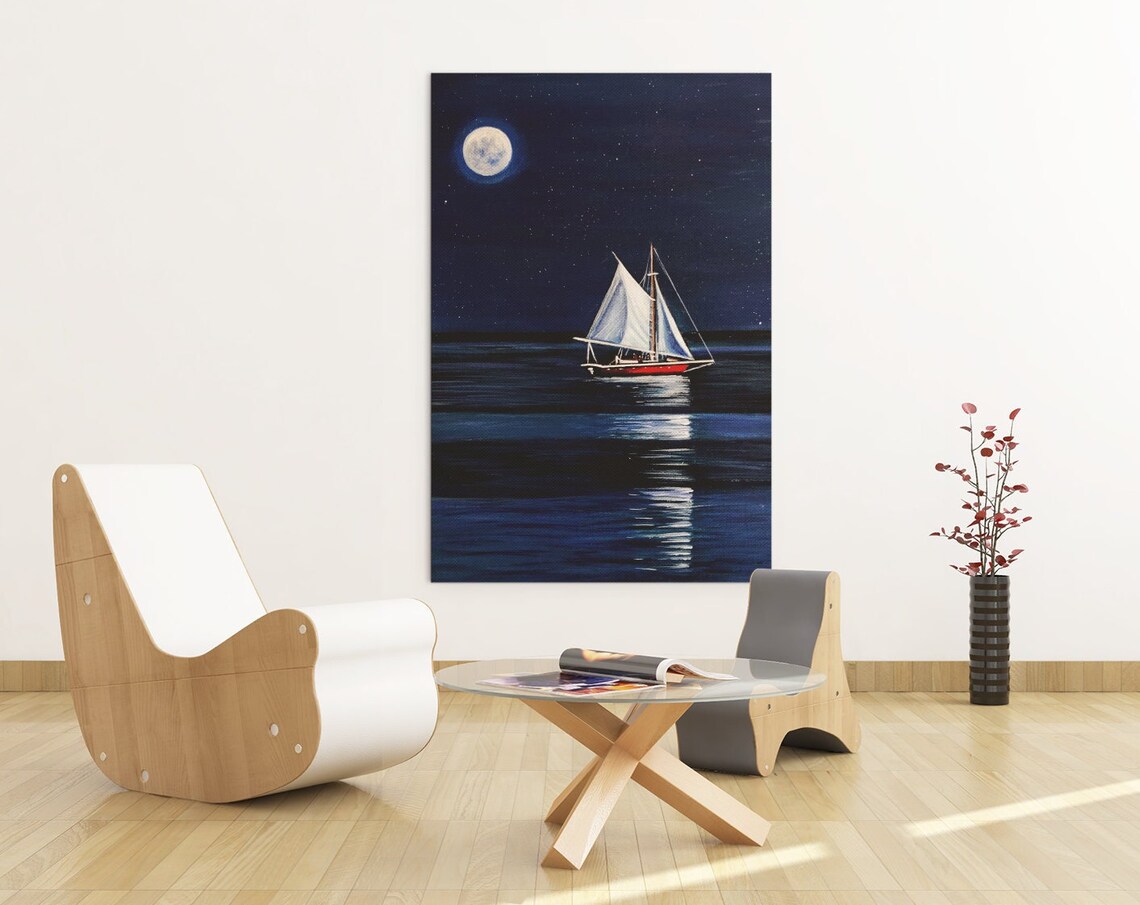 Moonlit Sailboat Night Sea Full Moon Reflection Ocean Night Sky Poster - Image 2