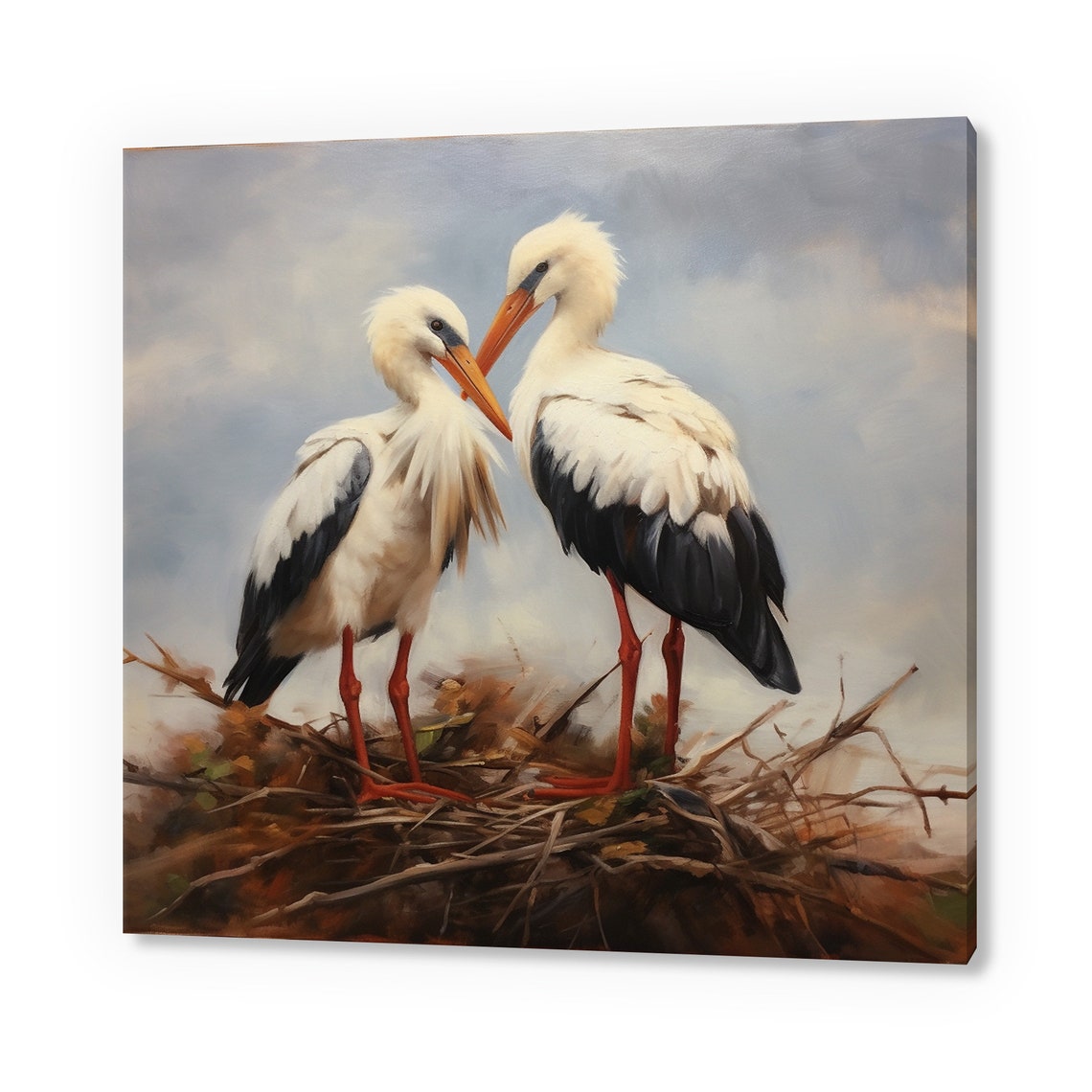 Two Storks Tenderly Embracing on Nest Oil Painting Nature Wall Art
