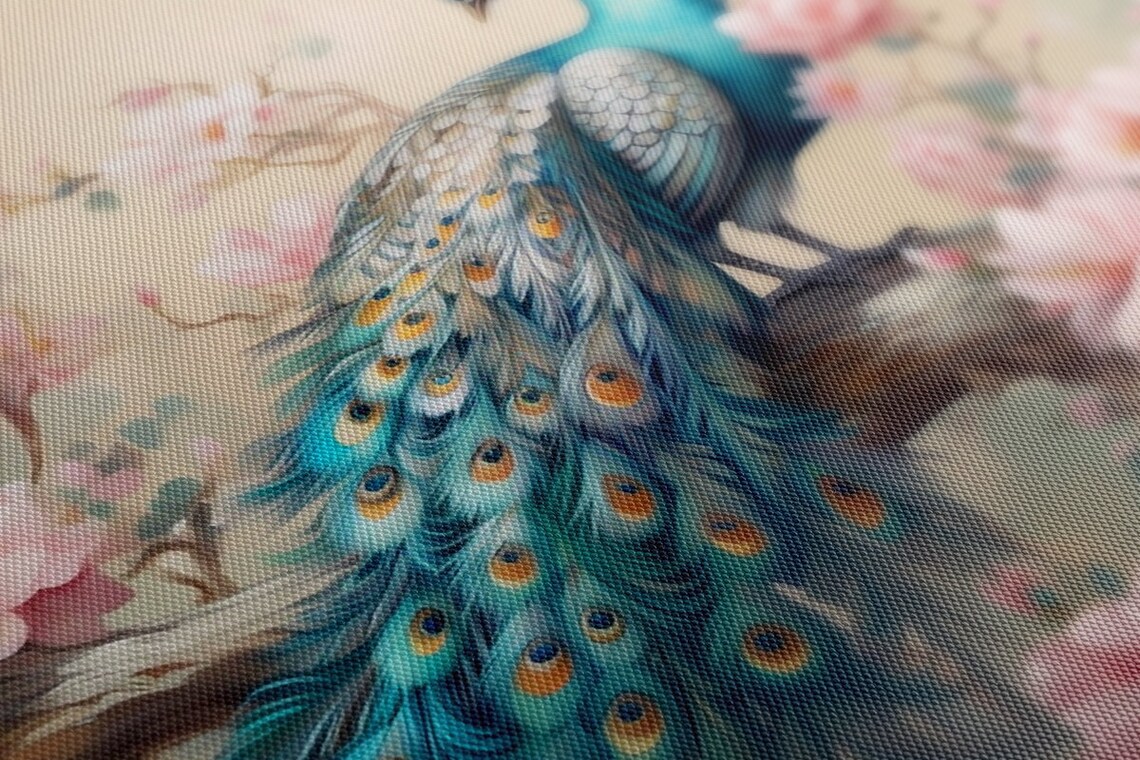 Peacock and Cherry Blossom Tree Art Print, Spring Scene - Image 4