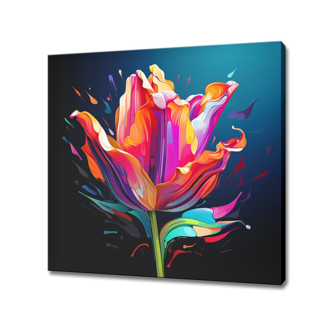Neon Colorful Tulip Flower On Dark Background Abstract Art Poster
