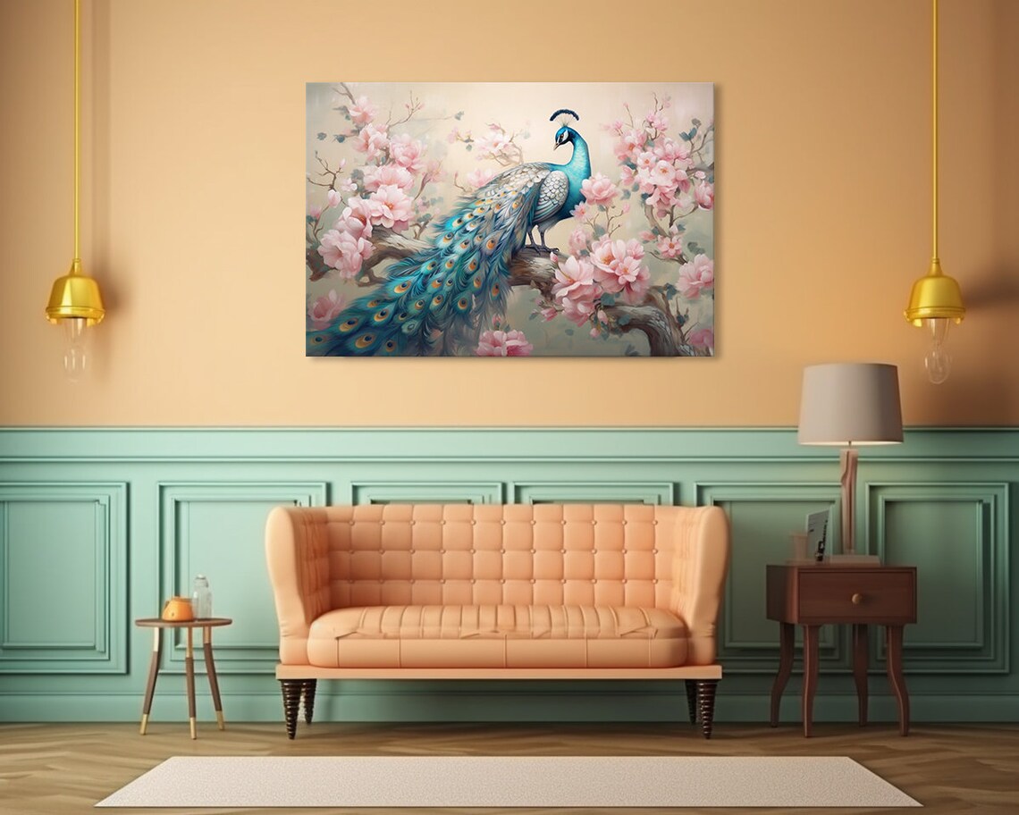 Peacock and Cherry Blossom Tree Art Print, Spring Scene - Image 3