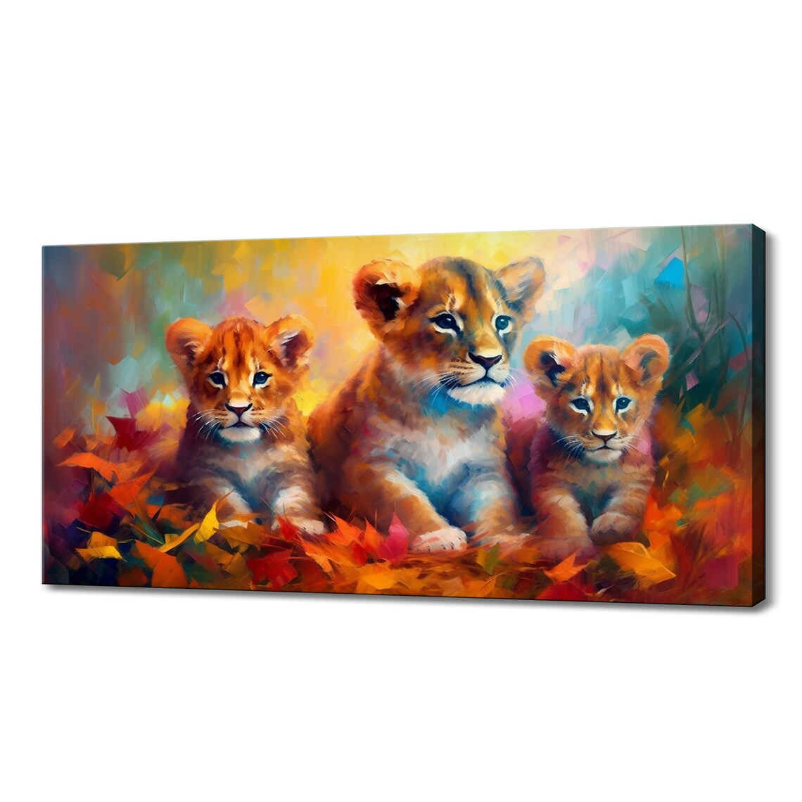 Three Lion Cubs In Autumn Leaves Painterly Colourful Wildlife Art Poster