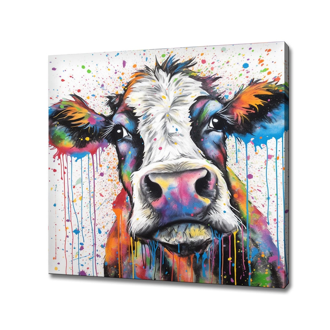 Rainbow Splatter Cow Face Black and White Dairy Cow Wall Art Poster