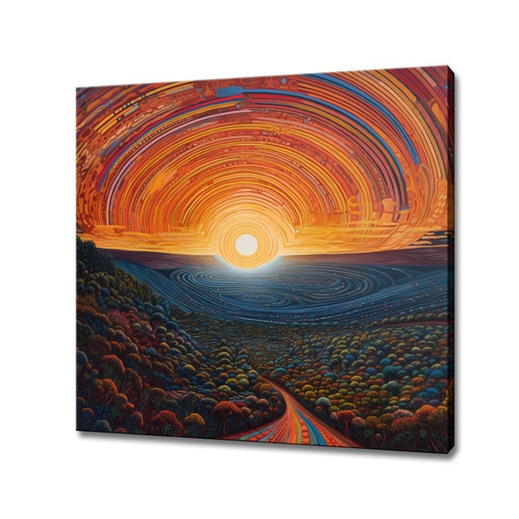 Psychedelic Abstract Landscape Sunset Painting Style Print Colourful Fantasy Retro Design Print Surreal Sunset Abstract Wall Art