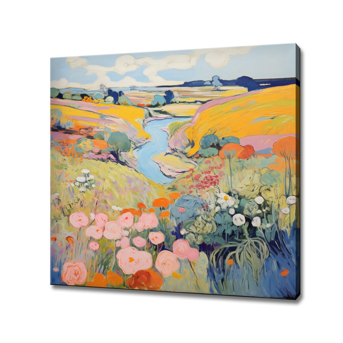 River Flowers Field Pastel Landscape Rolling Hills Colorful Art Poster
